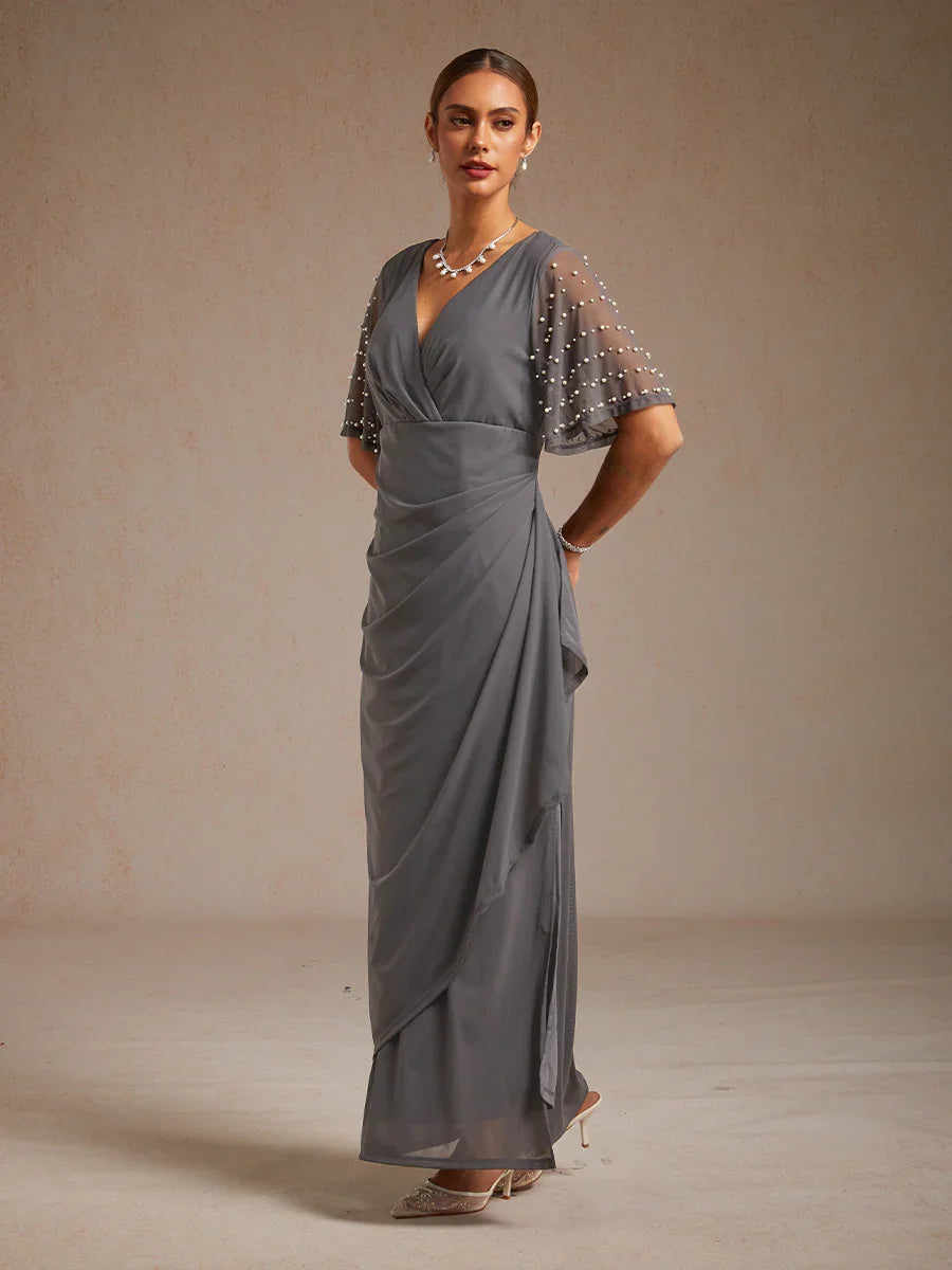 Elegant Formal Dress with Embellished Flutter Sleeves