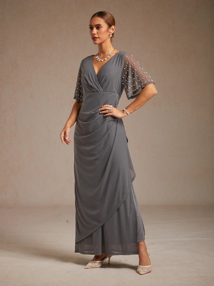Elegant Formal Dress with Embellished Flutter Sleeves
