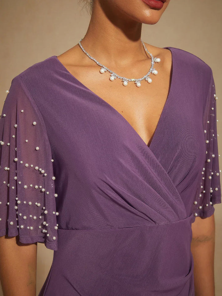 Elegant Formal Dress with Embellished Flutter Sleeves