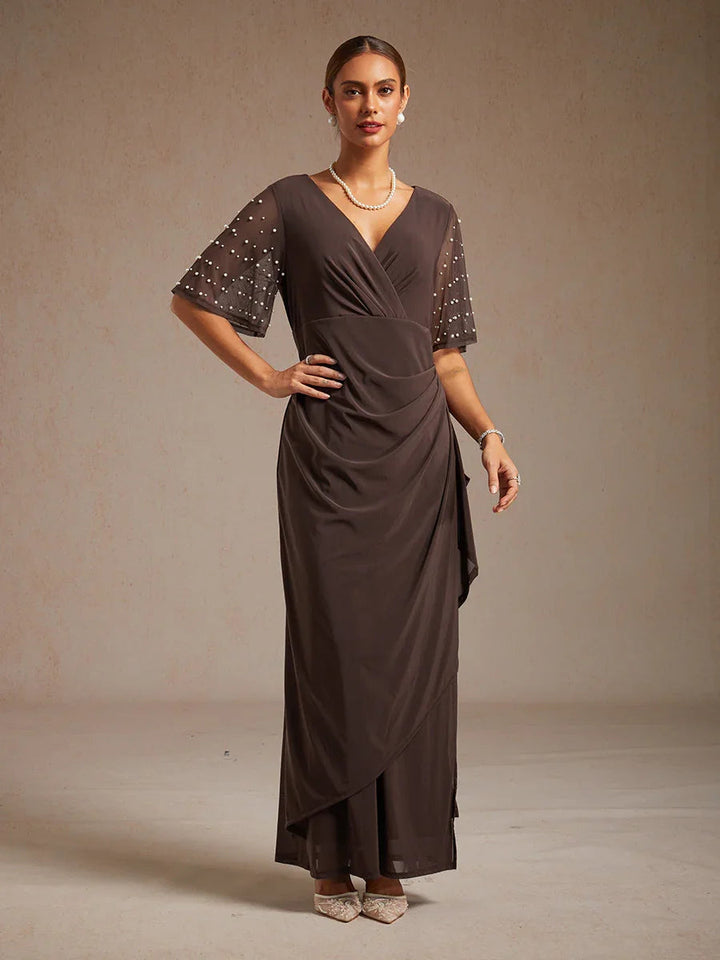Elegant Formal Dress with Embellished Flutter Sleeves