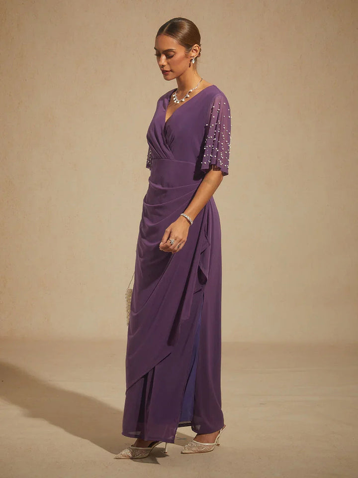 Elegant Formal Dress with Embellished Flutter Sleeves