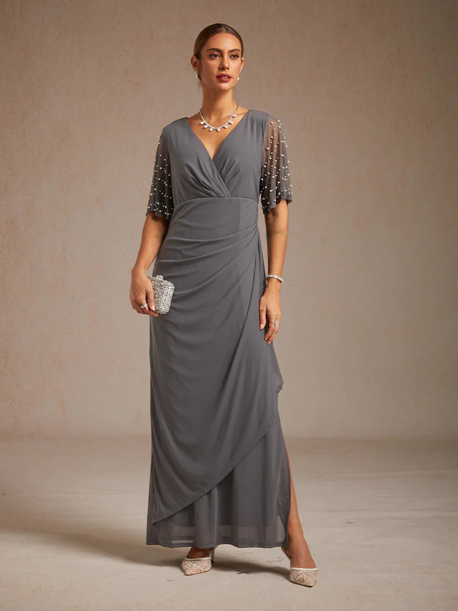 Elegant Formal Dress with Embellished Flutter Sleeves