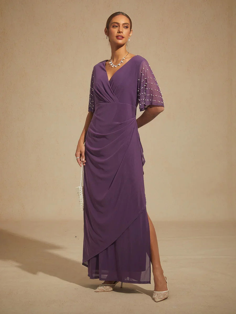 Elegant Formal Dress with Embellished Flutter Sleeves