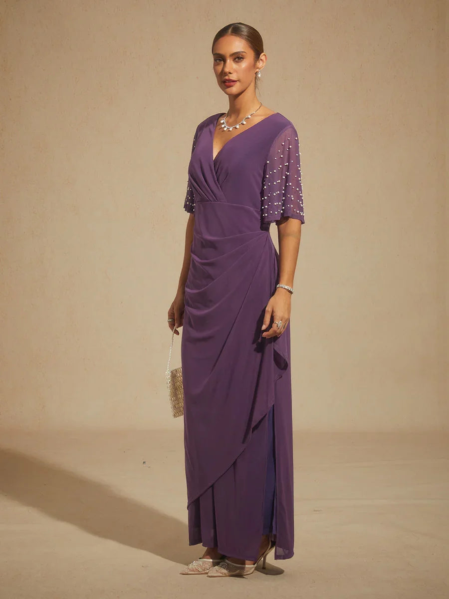 Elegant Formal Dress with Embellished Flutter Sleeves