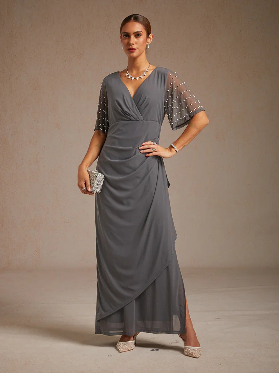 Elegant Formal Dress with Embellished Flutter Sleeves