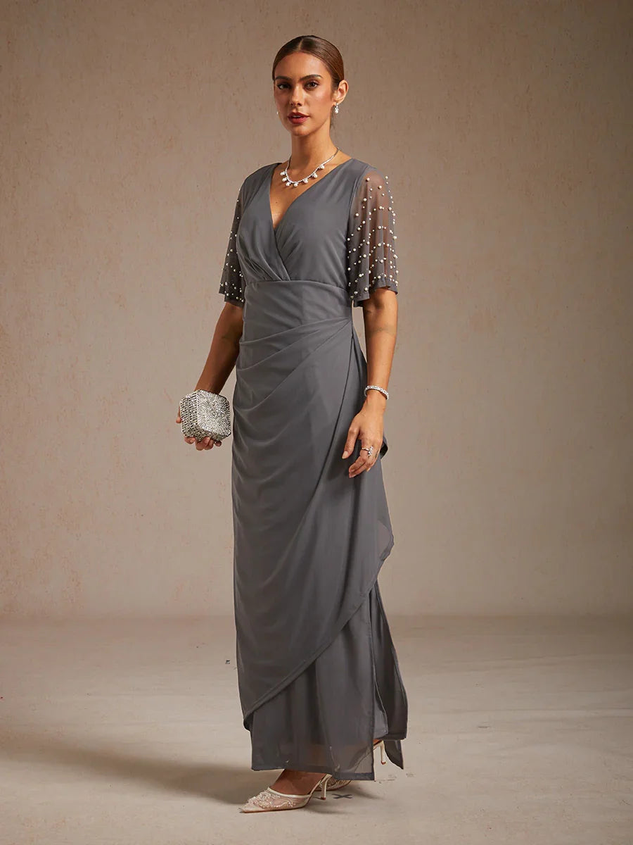 Elegant Formal Dress with Embellished Flutter Sleeves