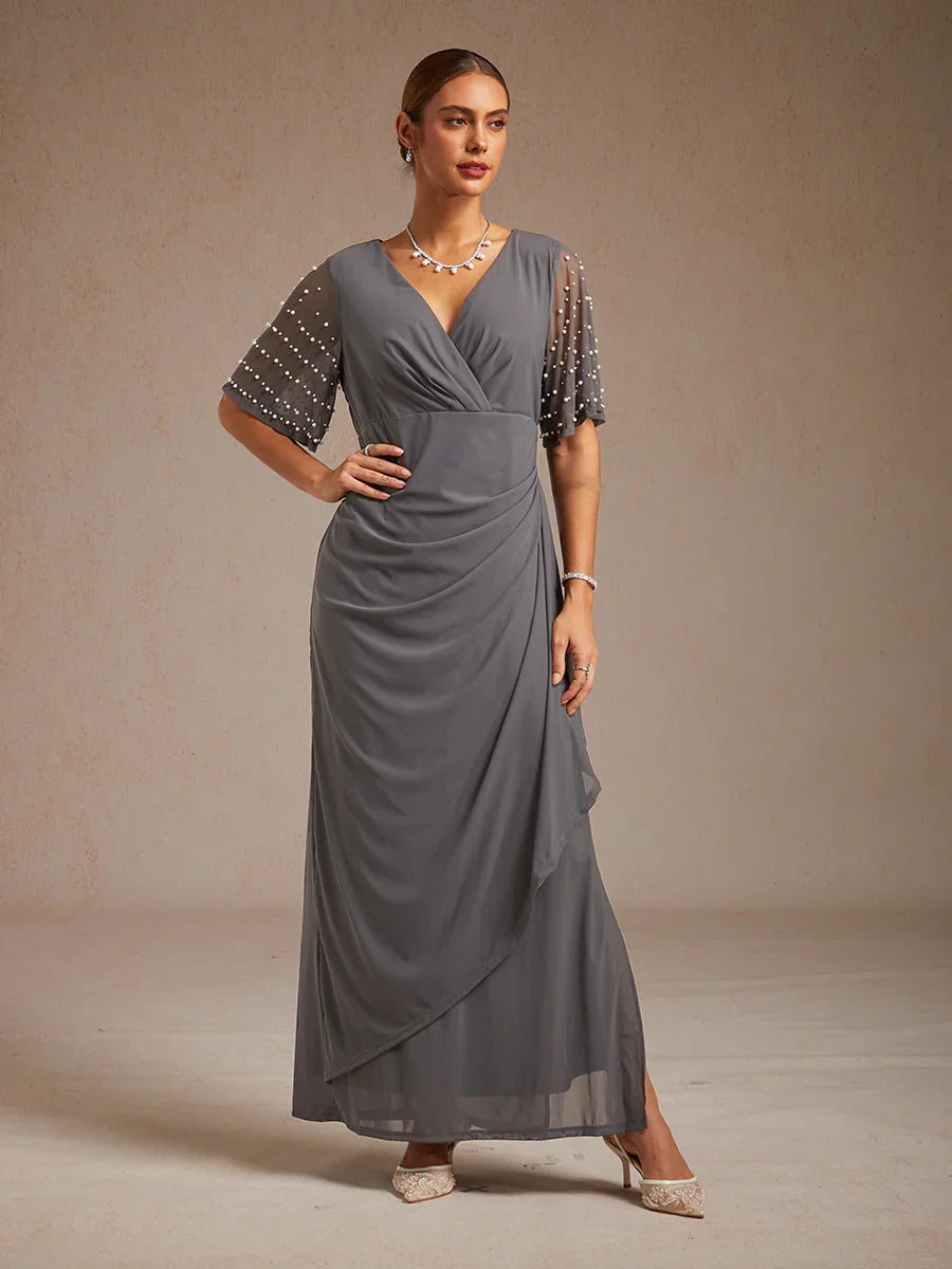 Elegant Formal Dress with Embellished Flutter Sleeves