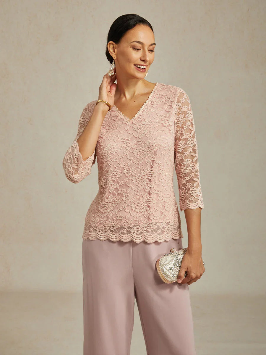 V-Neck Stretch Lace Top with Shimmery Details