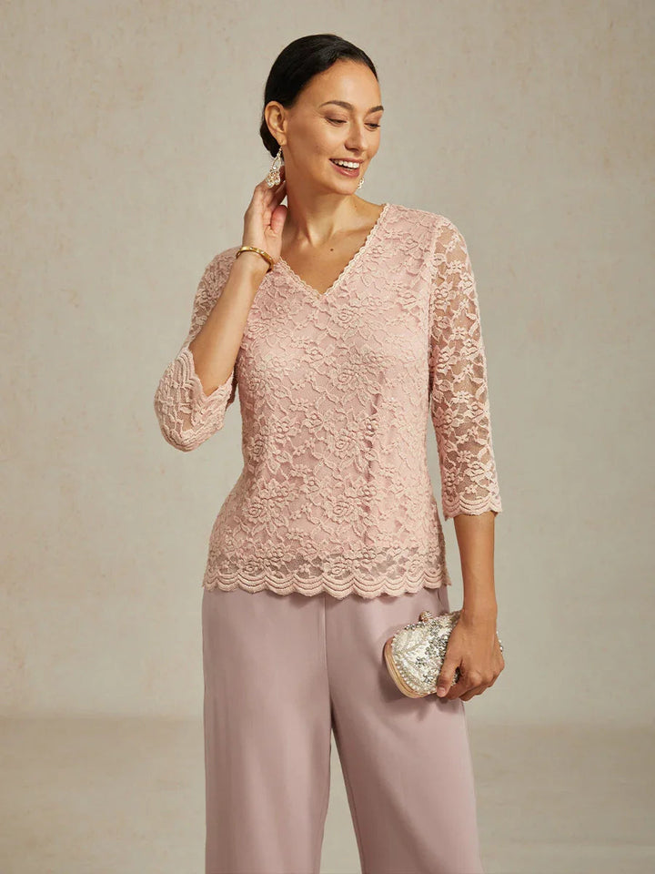 V-Neck Stretch Lace Top with Shimmery Details