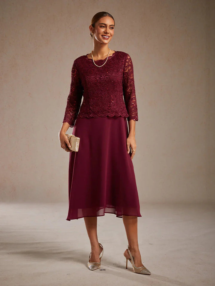 Elegant Lace and Chiffon Tea-Length Dress