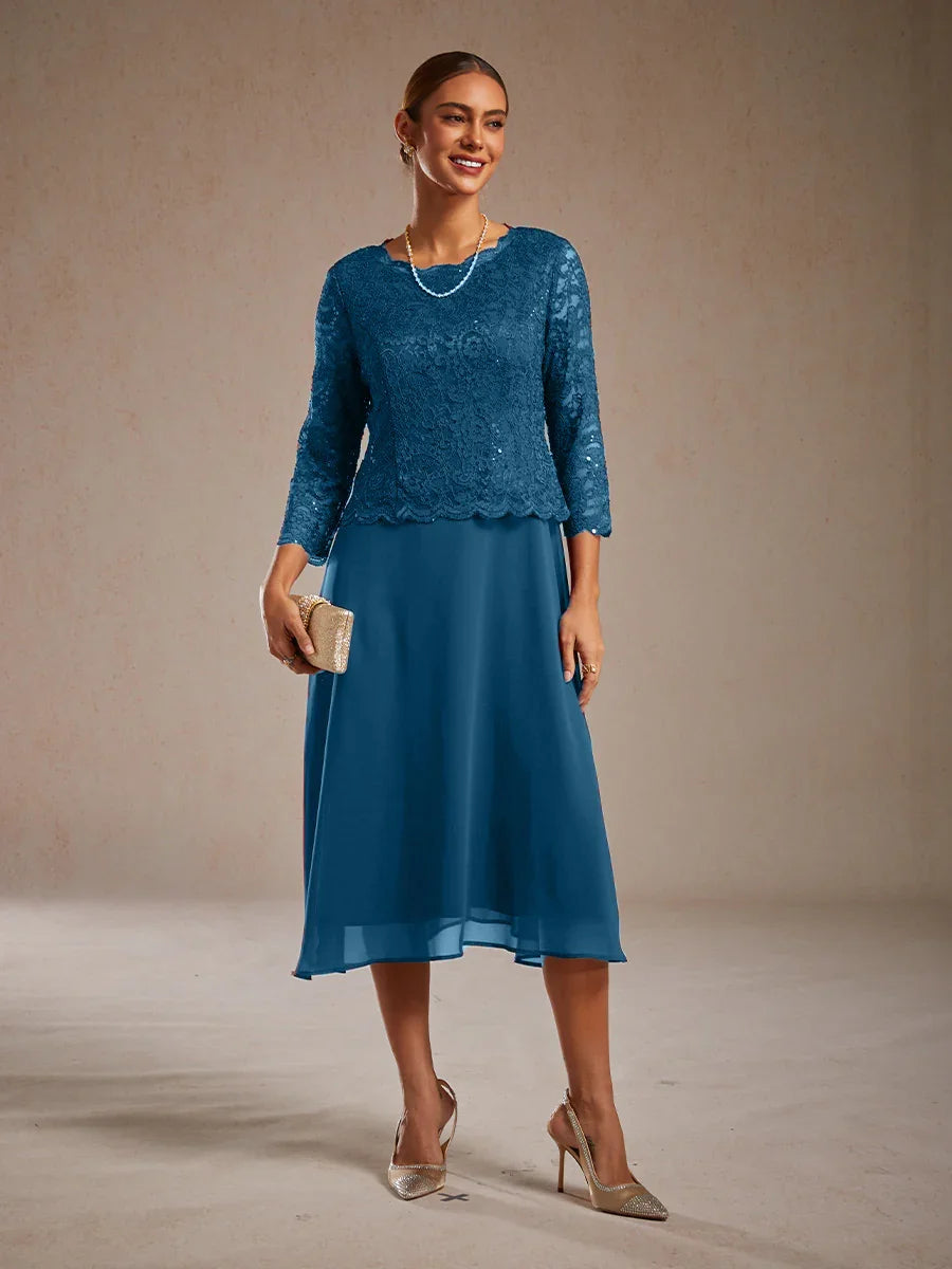 Elegant Lace and Chiffon Tea-Length Dress