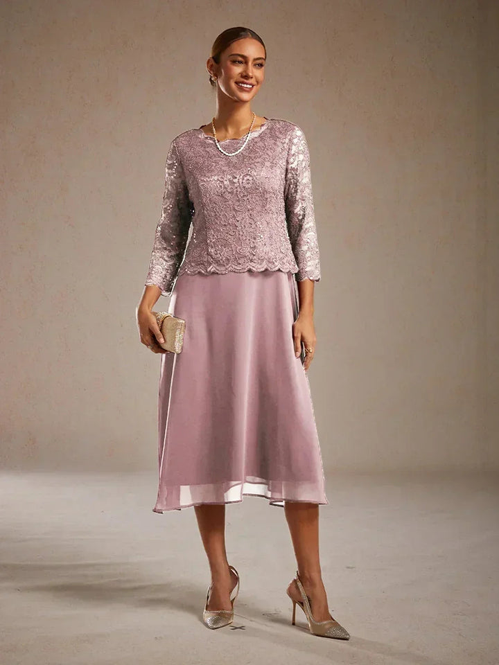 Elegant Lace and Chiffon Tea-Length Dress
