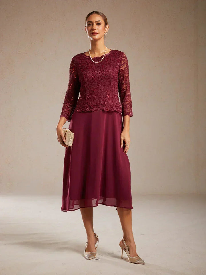 Elegant Lace and Chiffon Tea-Length Dress