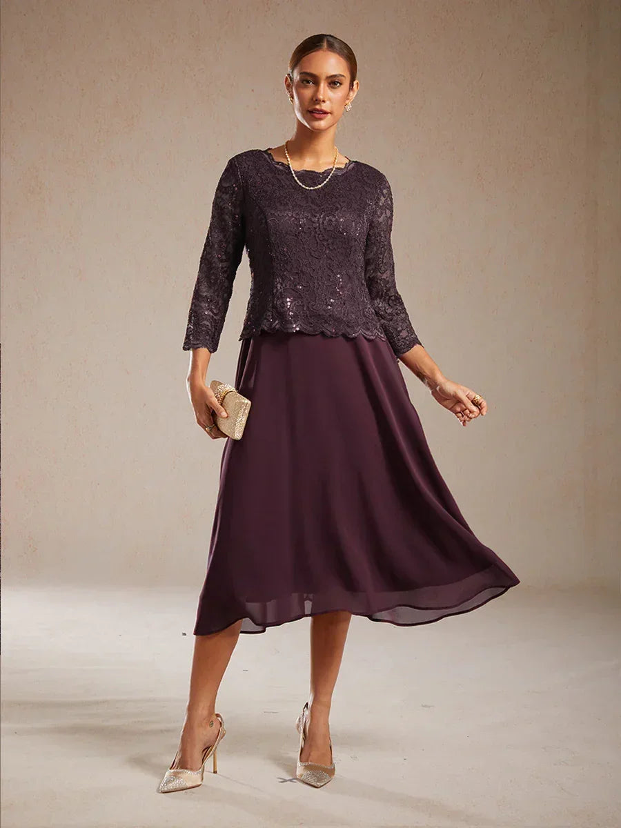Elegant Lace and Chiffon Tea-Length Dress