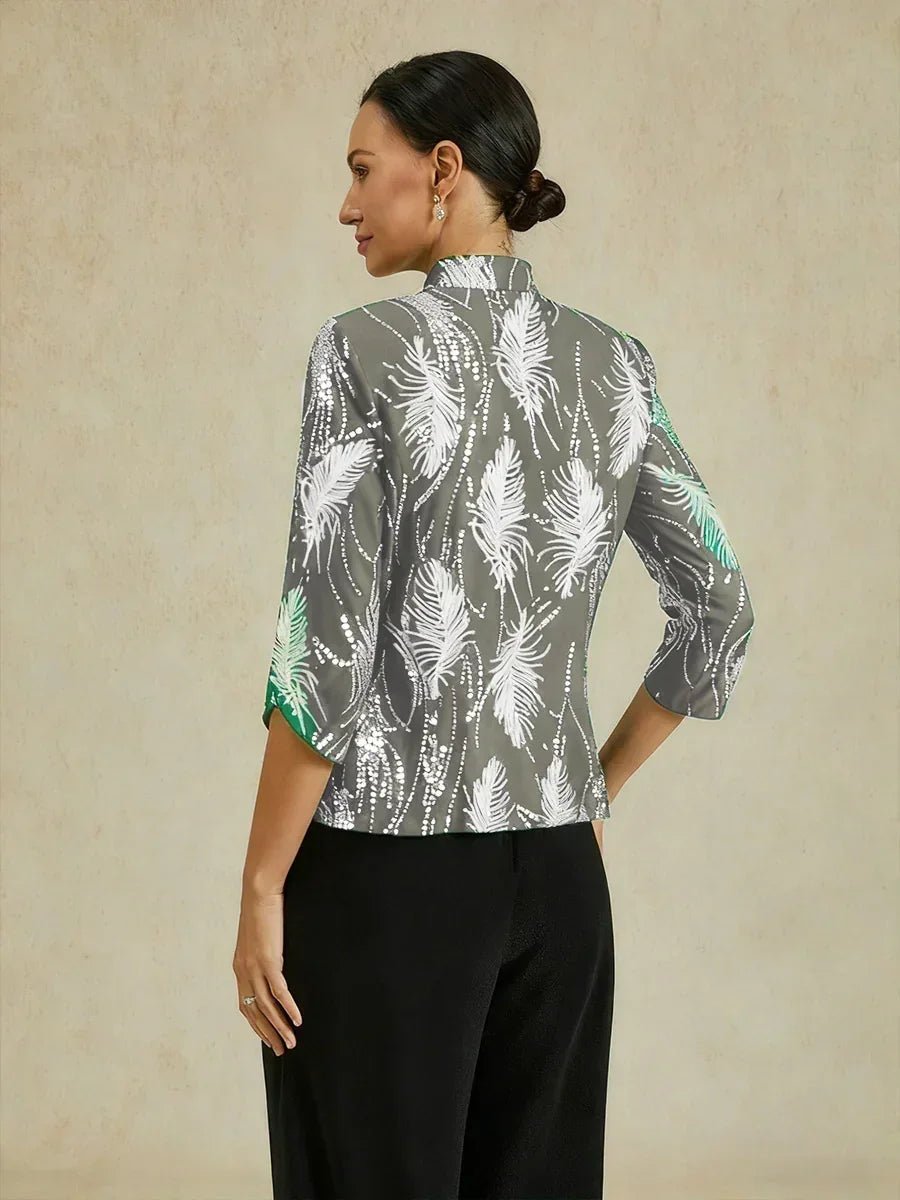 Elegant Mandarin Collar Sequin Twinset