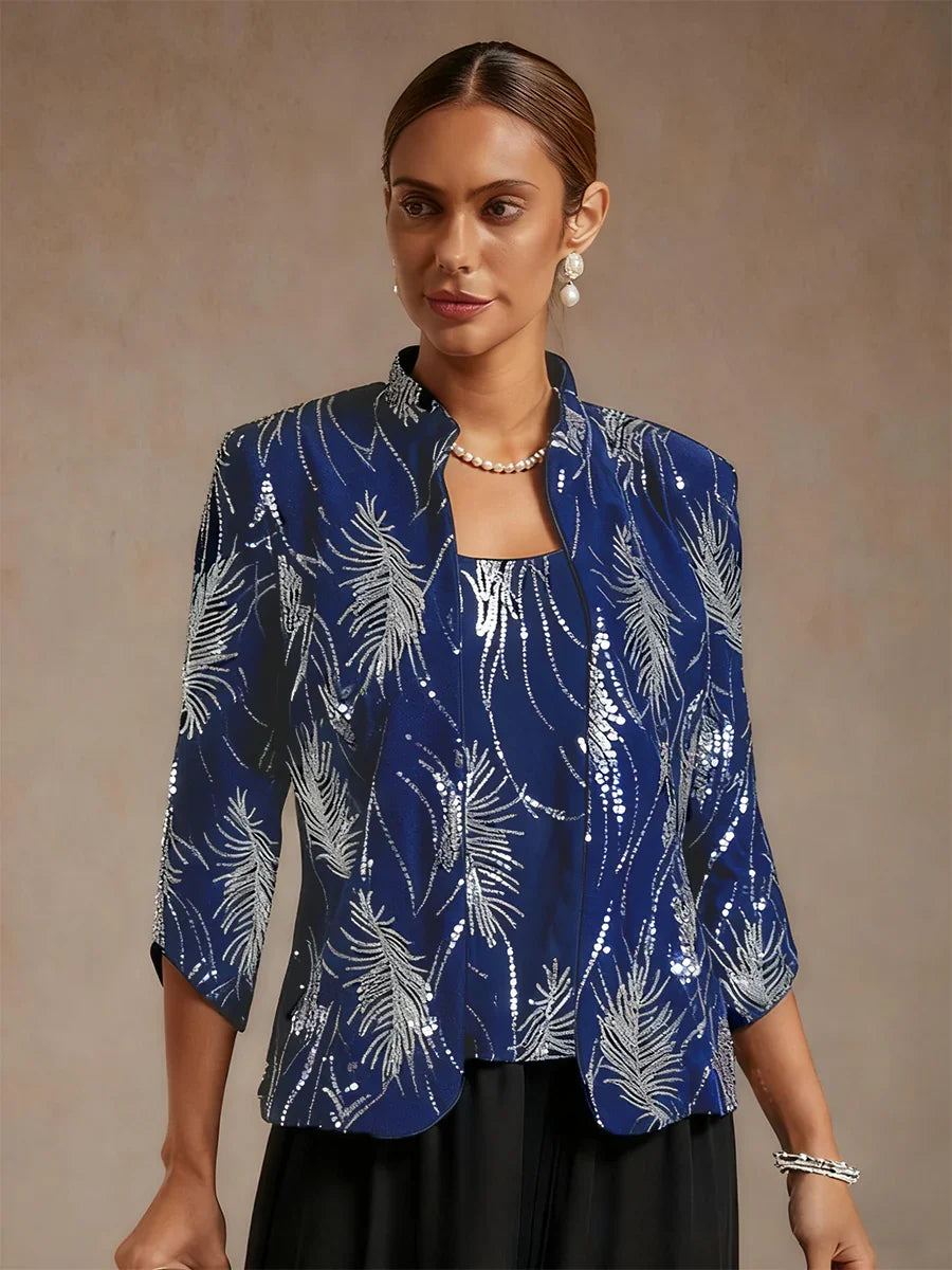 Elegant Mandarin Collar Sequin Twinset