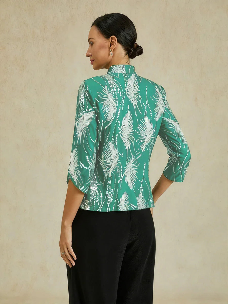 Elegant Mandarin Collar Sequin Twinset