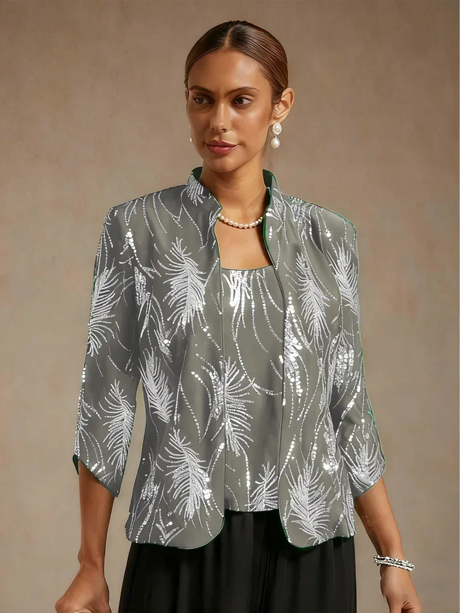 Elegant Mandarin Collar Sequin Twinset