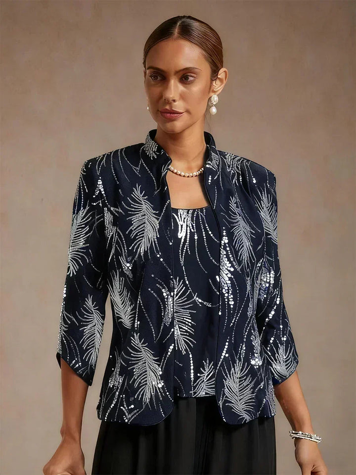 Elegant Mandarin Collar Sequin Twinset