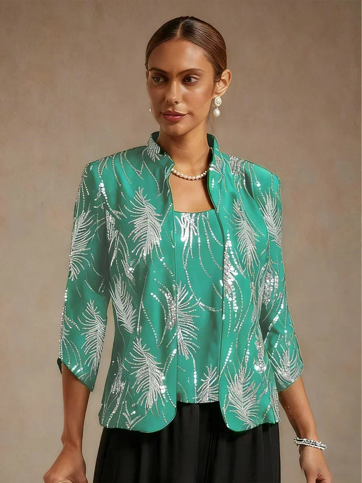 Elegant Mandarin Collar Sequin Twinset