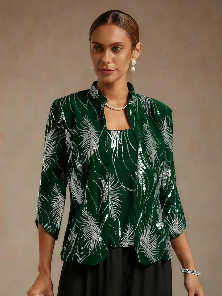 Elegant Mandarin Collar Sequin Twinset