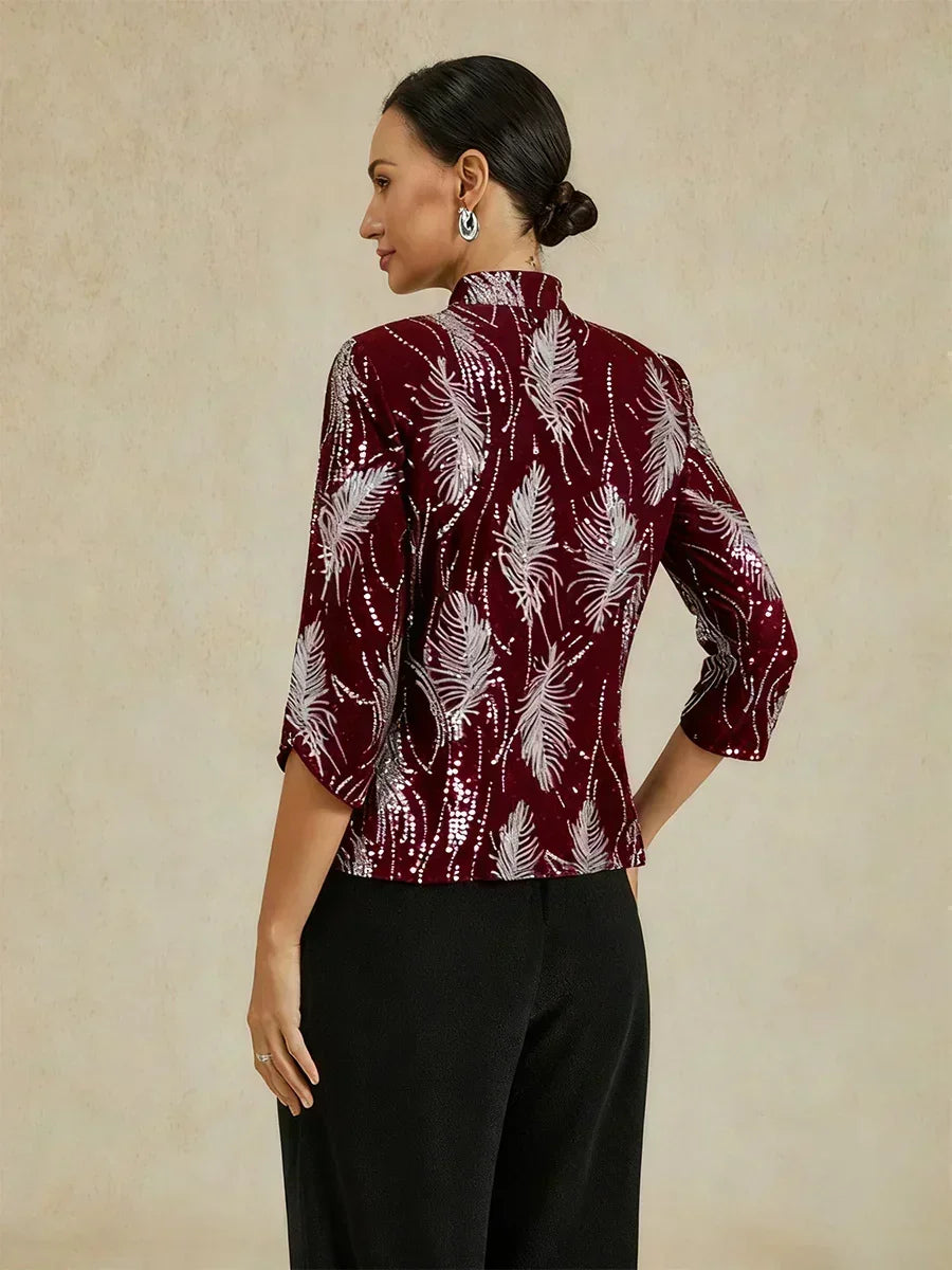 Elegant Mandarin Collar Sequin Twinset