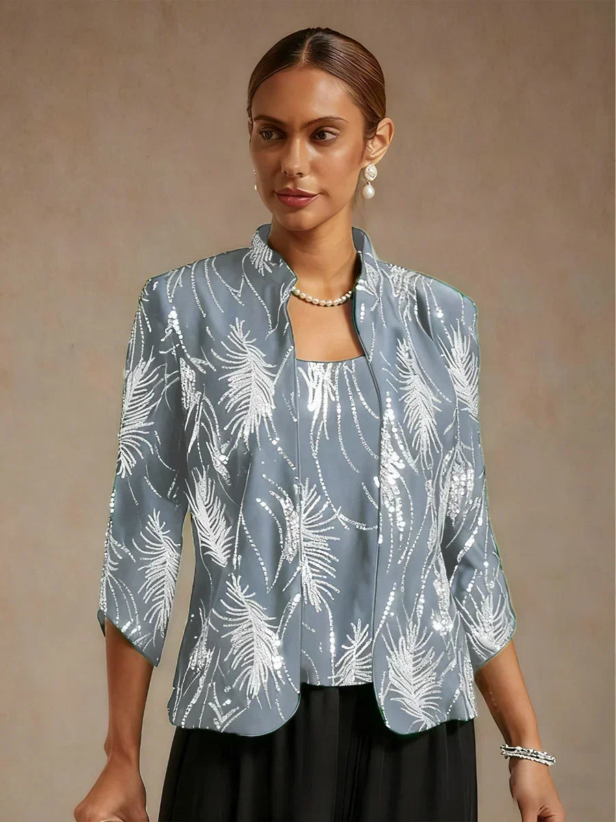 Elegant Mandarin Collar Sequin Twinset