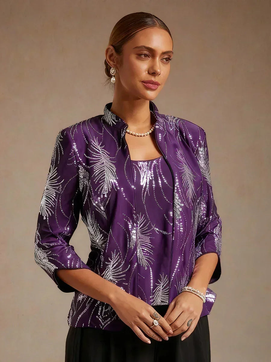 Elegant Mandarin Collar Sequin Twinset