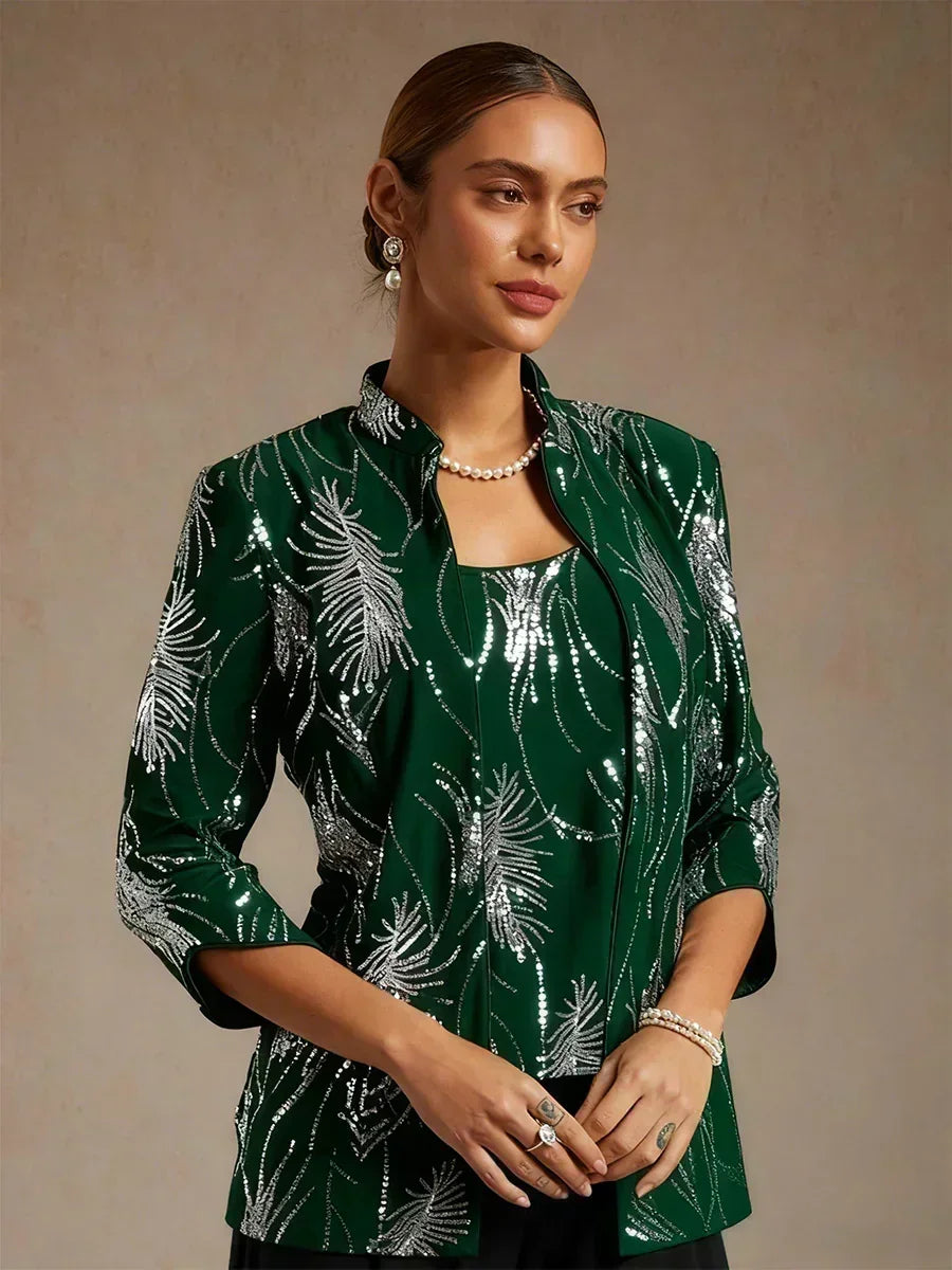 Elegant Mandarin Collar Sequin Twinset