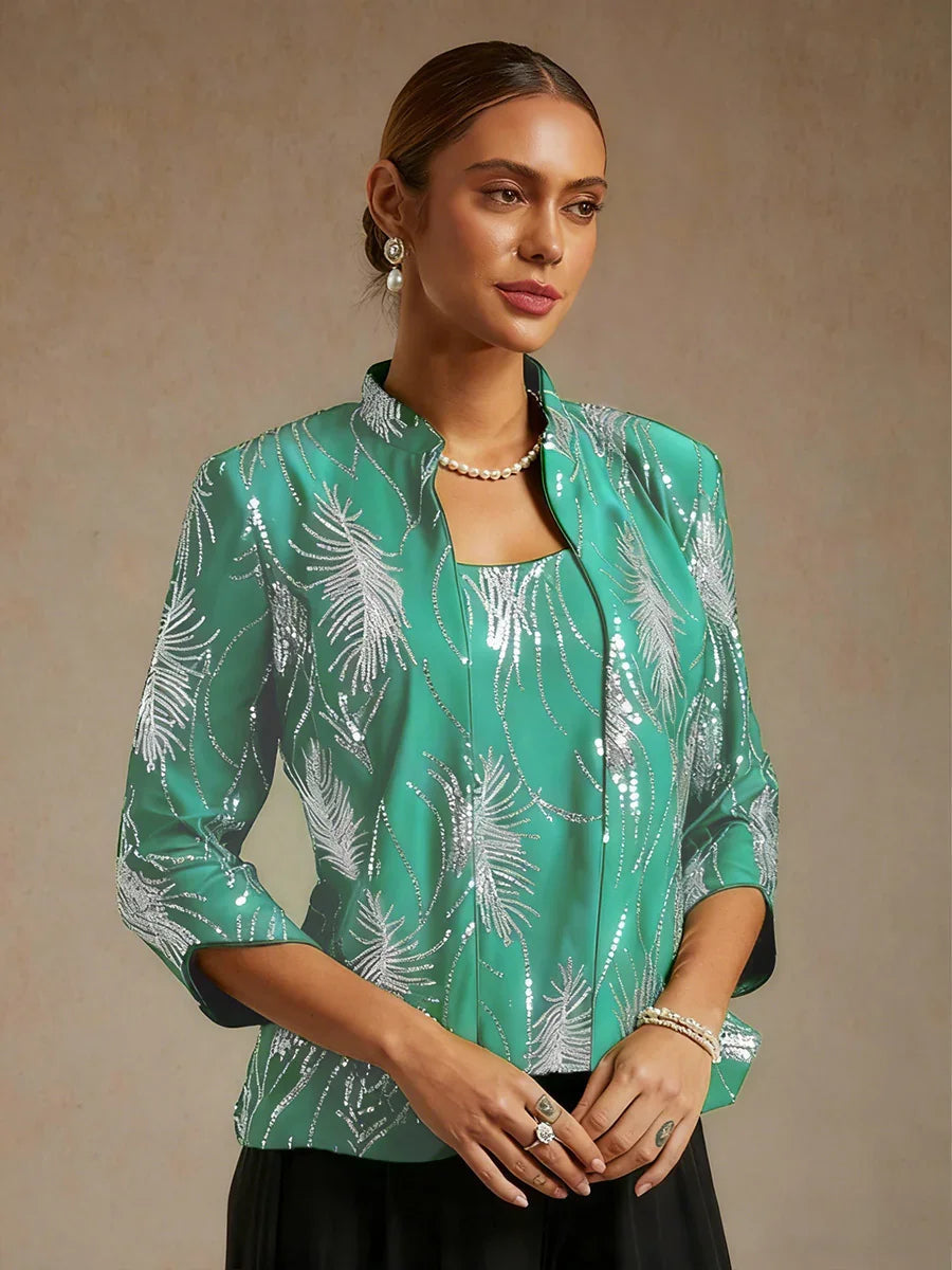 Elegant Mandarin Collar Sequin Twinset