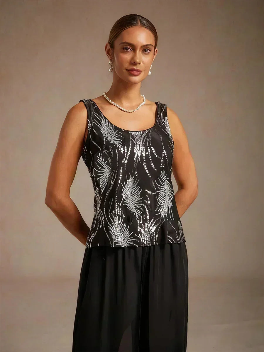 Elegant Mandarin Collar Sequin Twinset