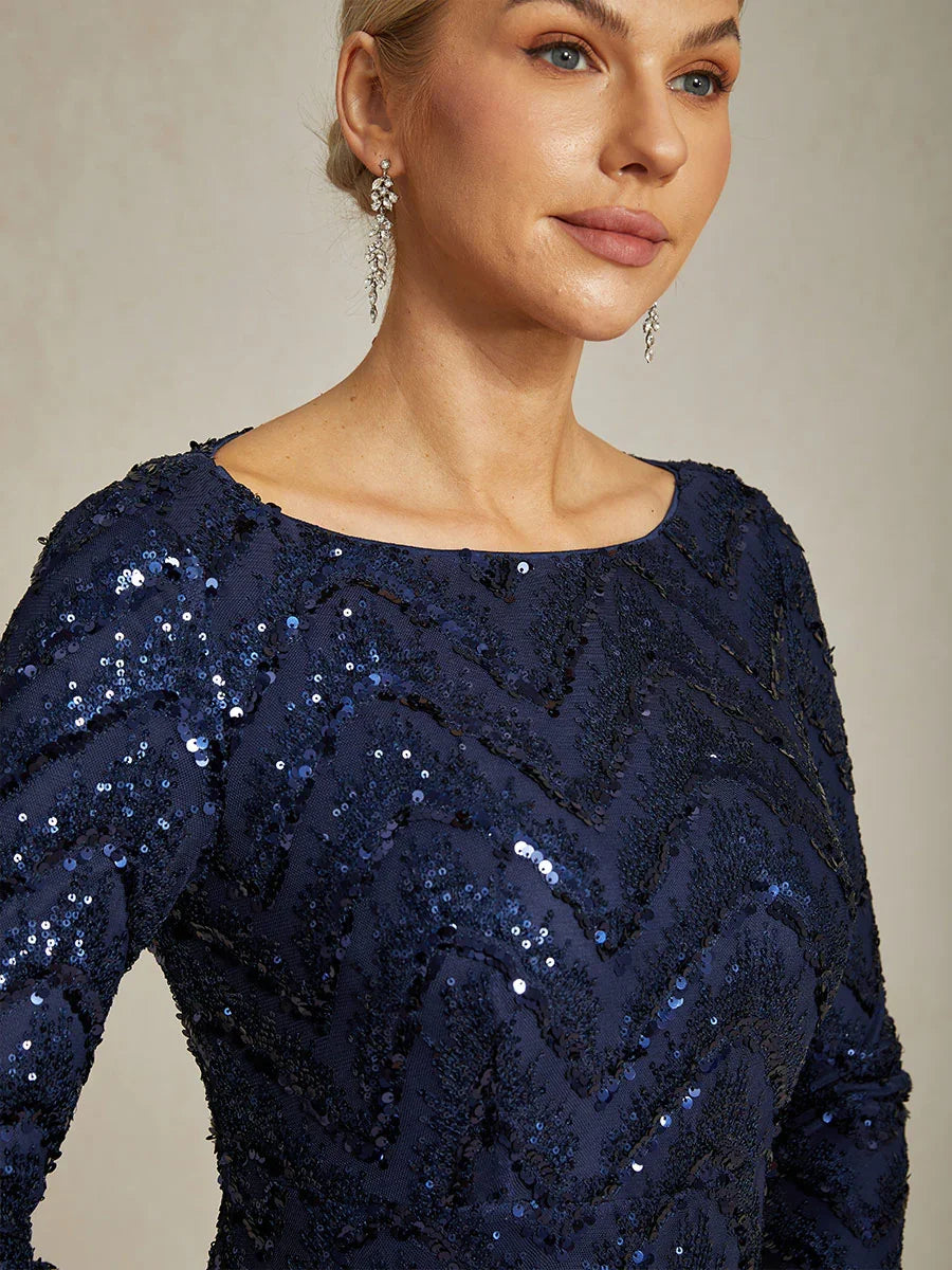 Elegant Sequin Evening Gown with Boat Neck and Slit Cuffs
