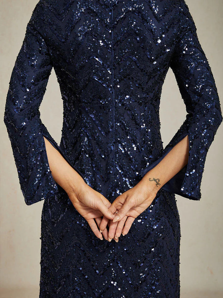 Elegant Sequin Evening Gown with Boat Neck and Slit Cuffs