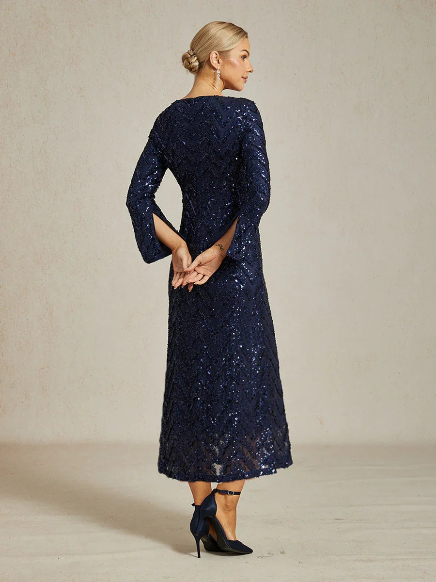 Elegant Sequin Evening Gown with Boat Neck and Slit Cuffs