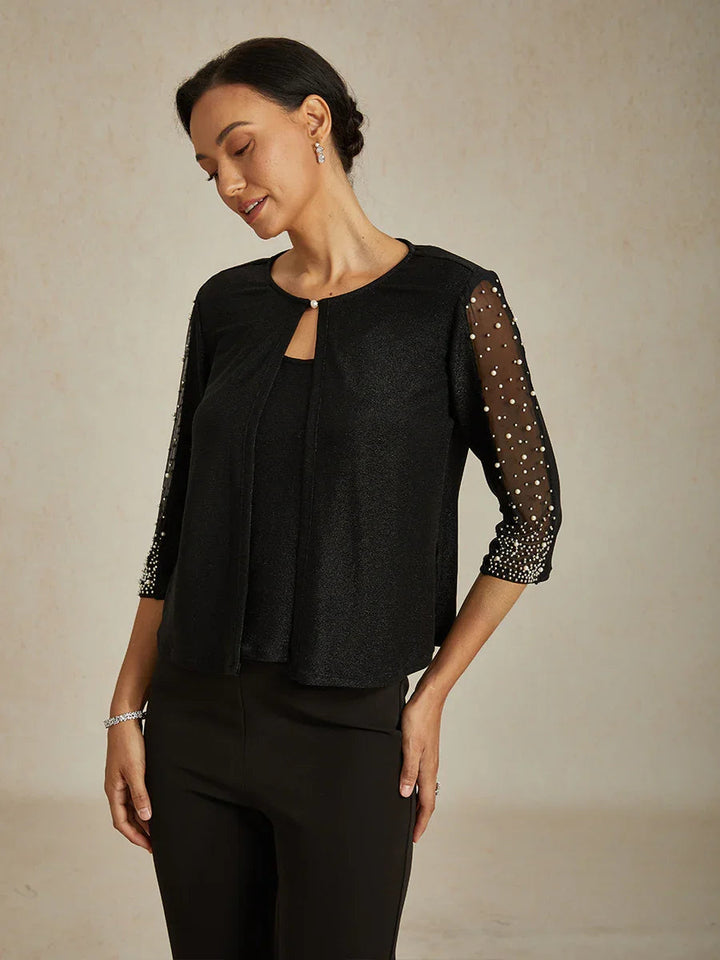 Beaded 3/4 Sleeve Metallic Knit Blouse