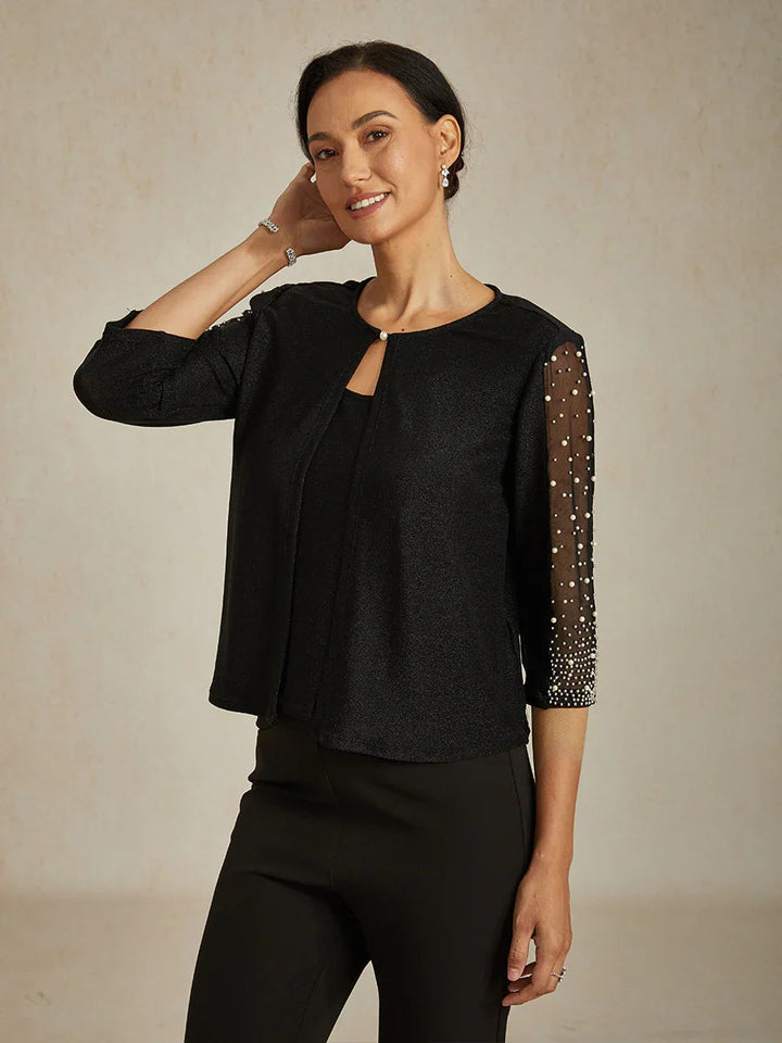 Beaded 3/4 Sleeve Metallic Knit Blouse