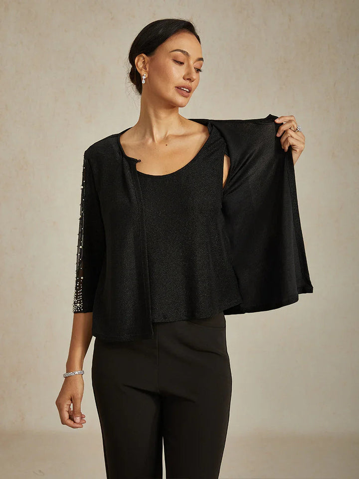 Beaded 3/4 Sleeve Metallic Knit Blouse