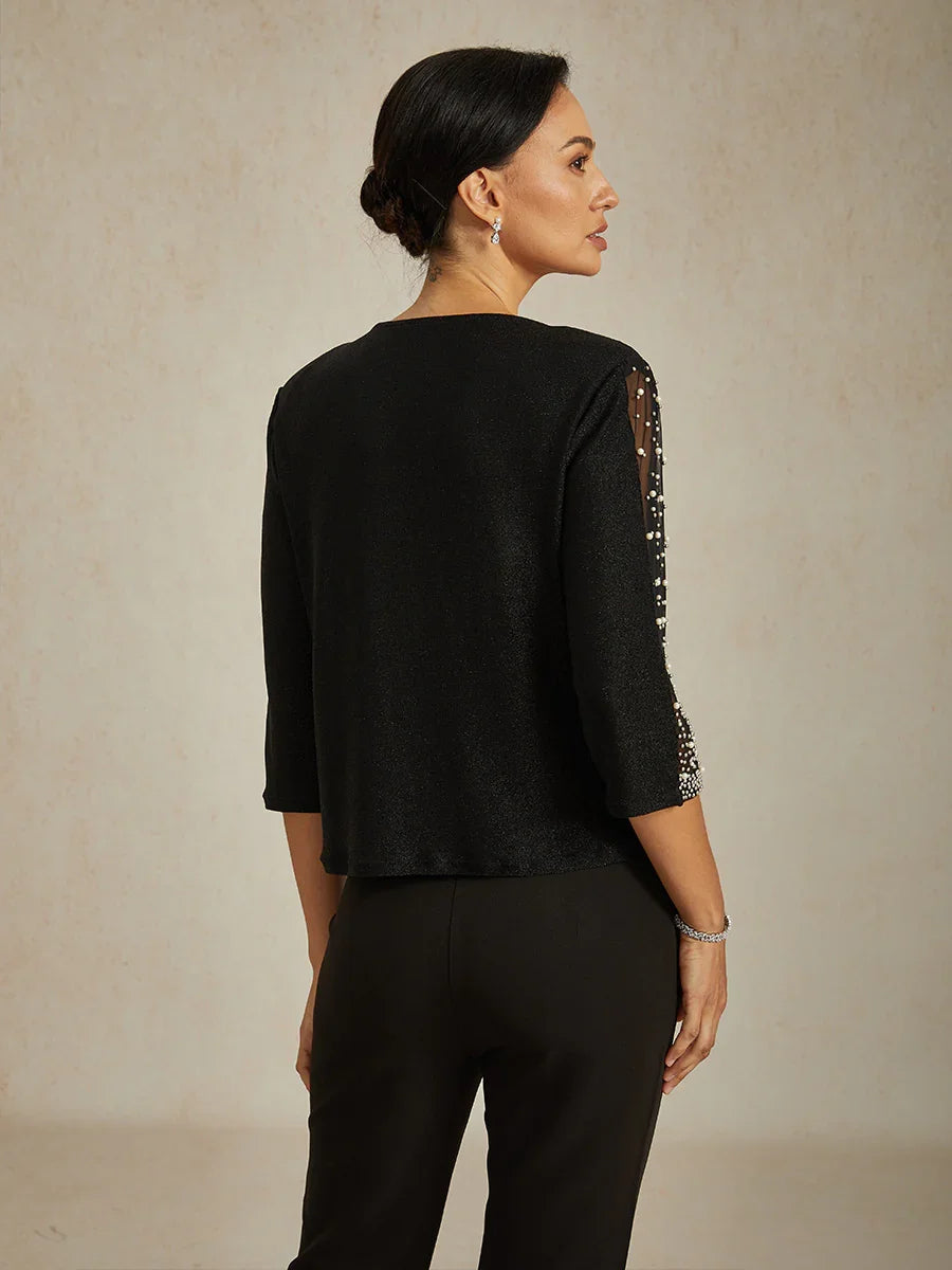 Beaded 3/4 Sleeve Metallic Knit Blouse
