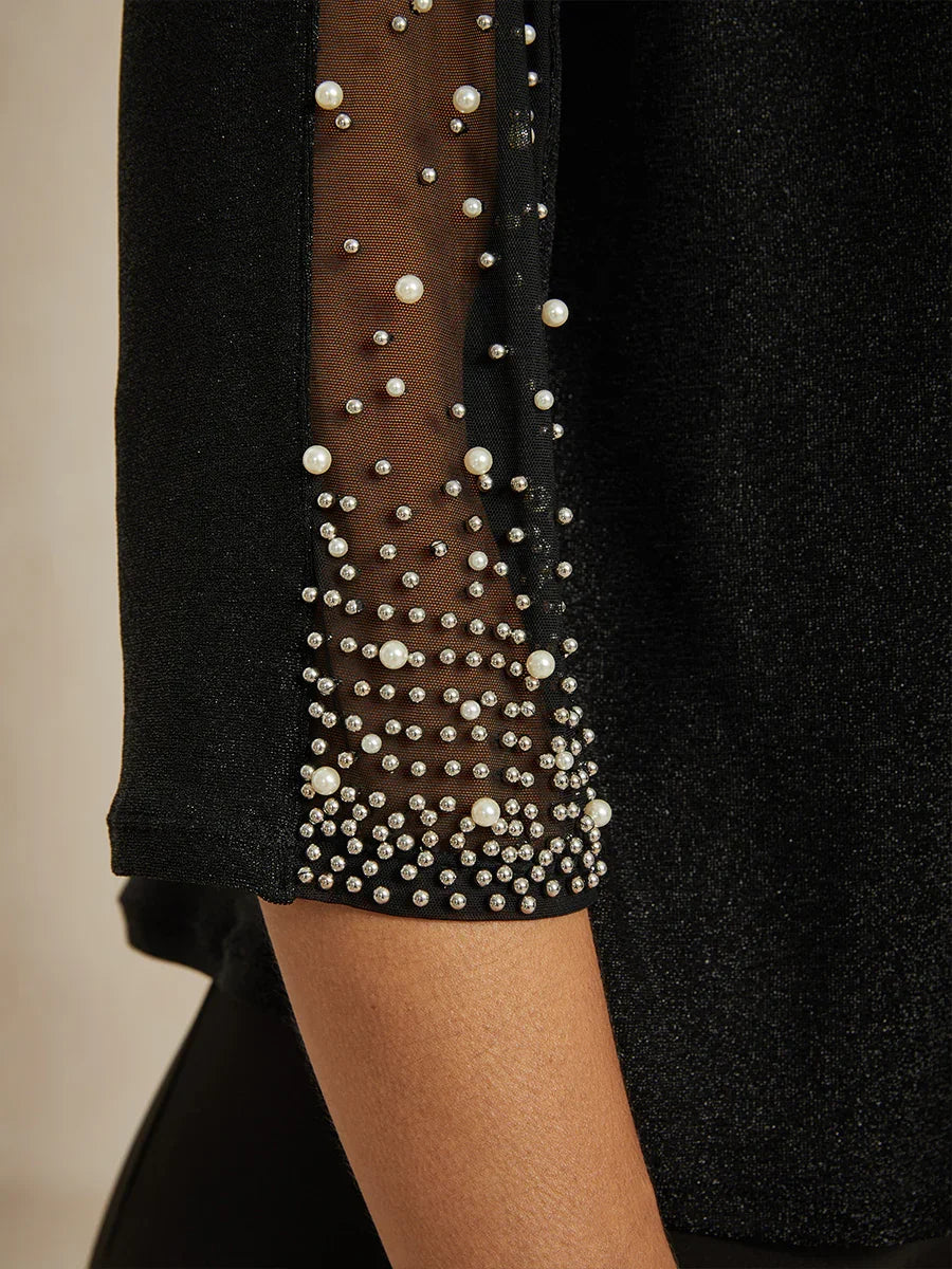 Beaded 3/4 Sleeve Metallic Knit Blouse