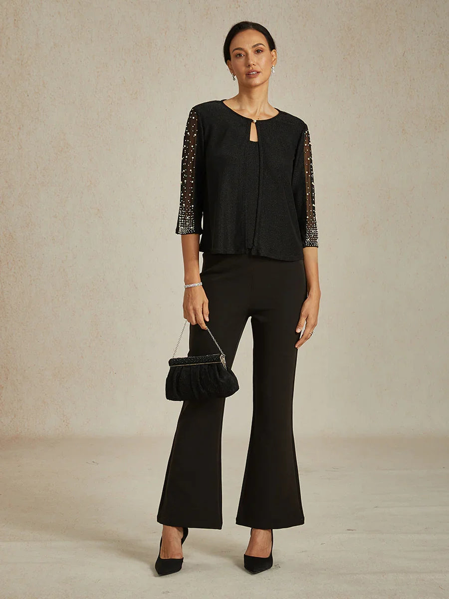 Beaded 3/4 Sleeve Metallic Knit Blouse