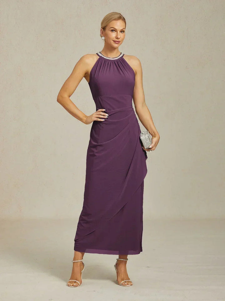 Elegant Beaded Halter Maxi Dress with Ruffle Detail