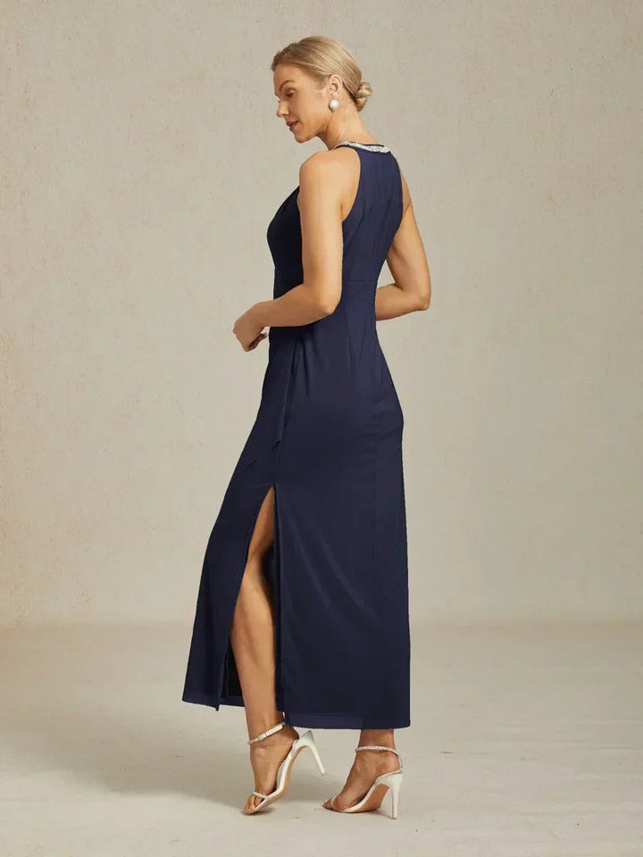 Elegant Beaded Halter Maxi Dress with Ruffle Detail