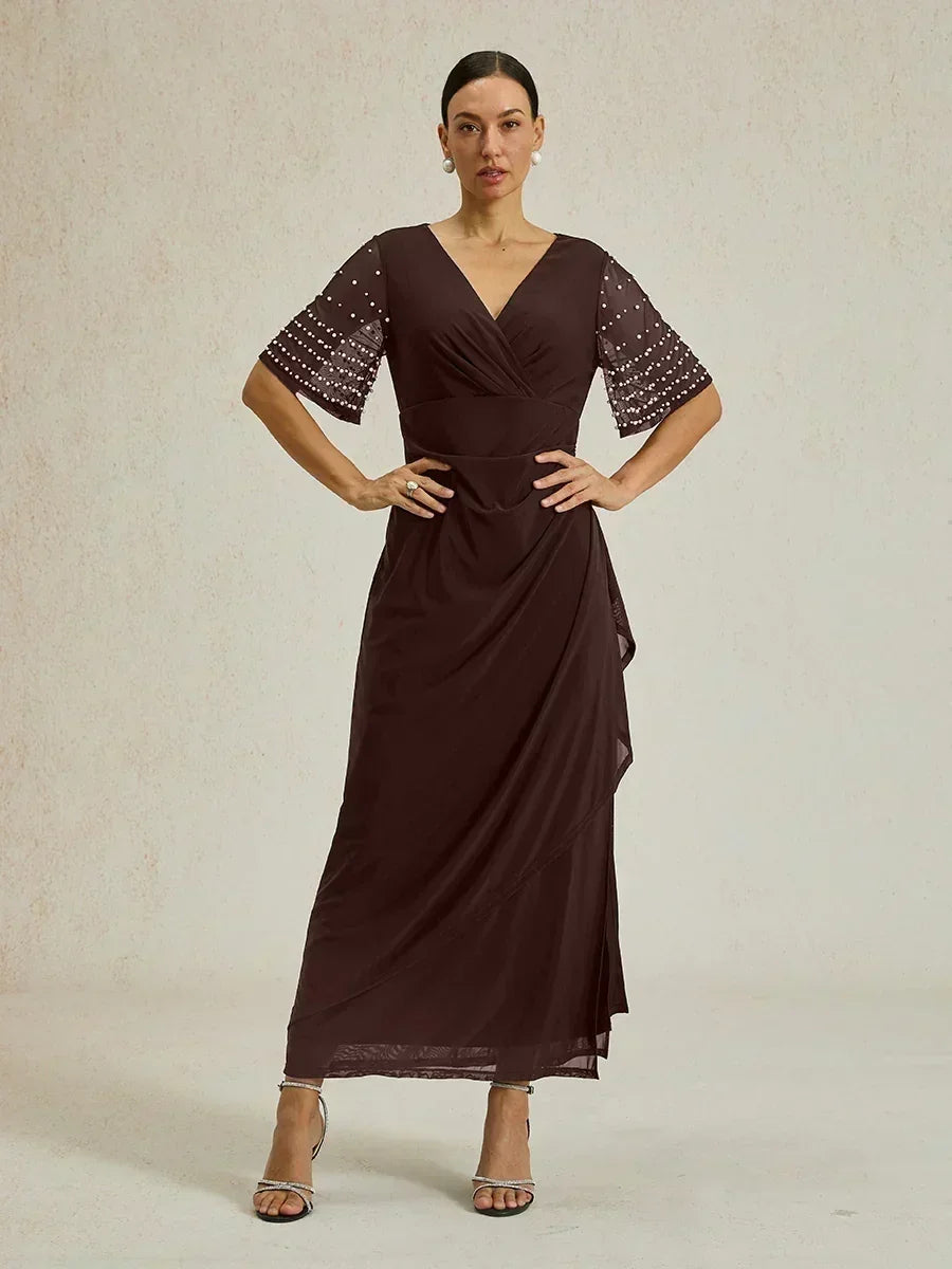 Elegant Formal Dress with Embellished Flutter Sleeves