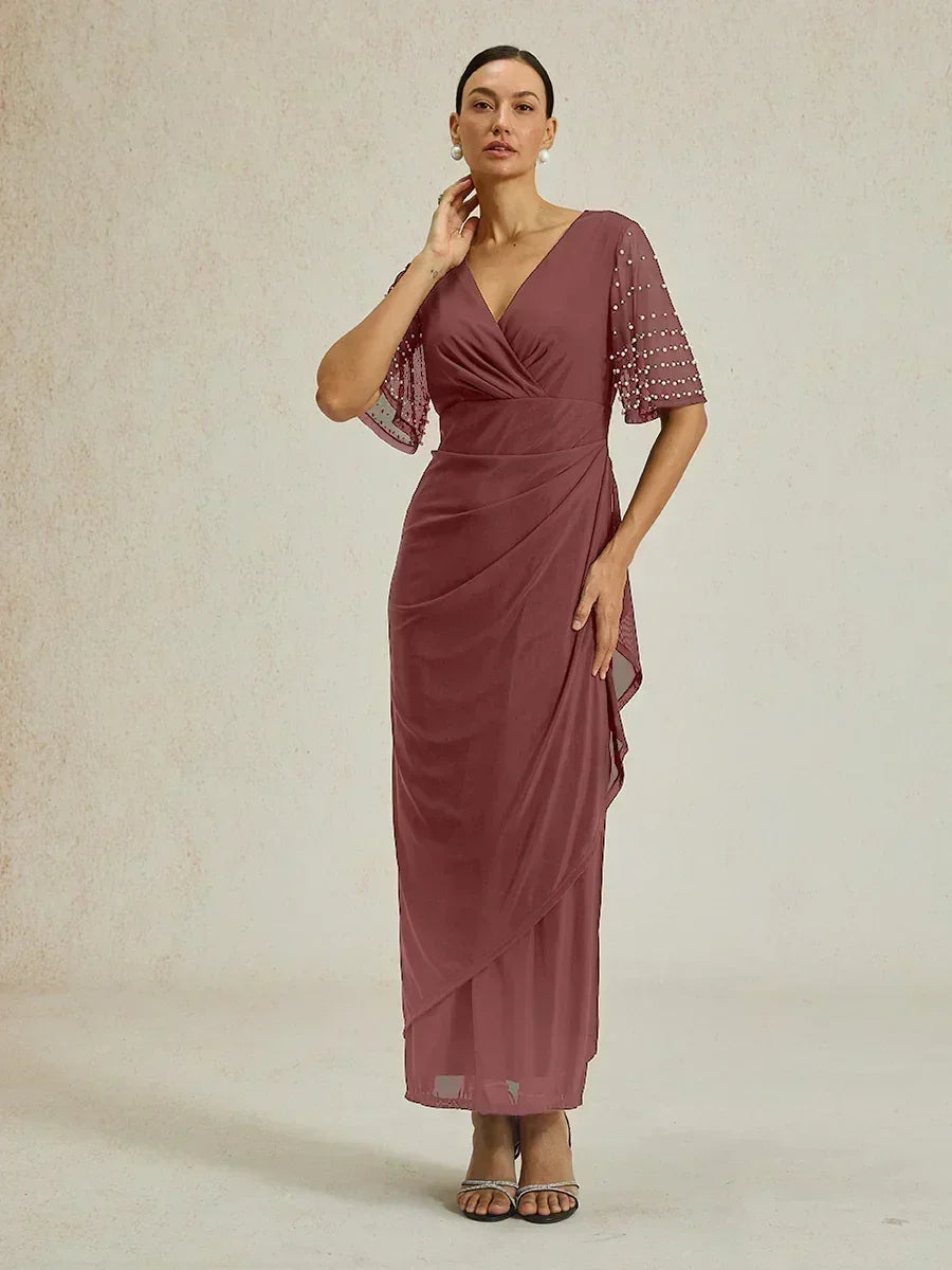 Elegant Formal Dress with Embellished Flutter Sleeves