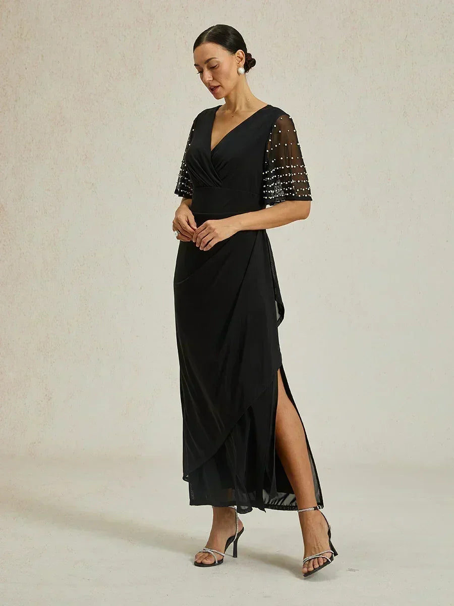 Elegant Formal Dress with Embellished Flutter Sleeves