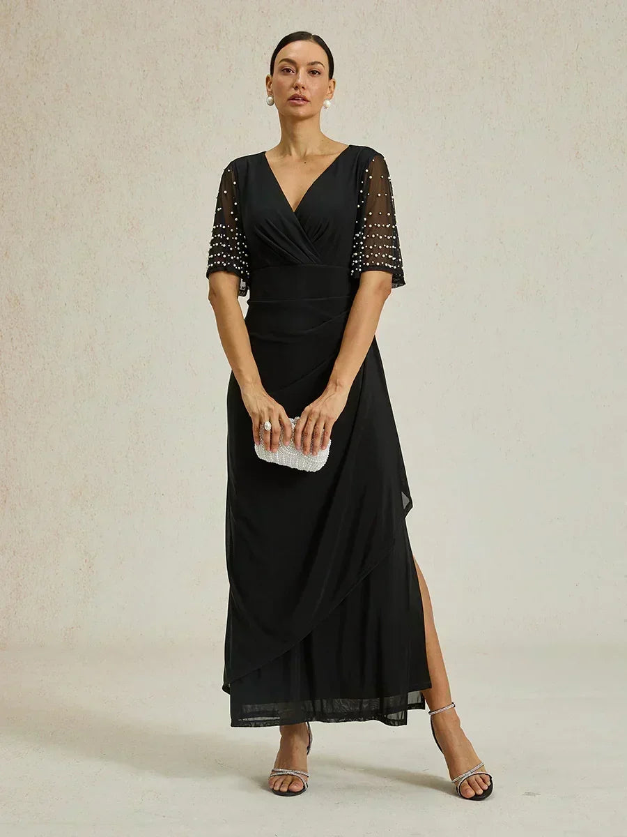 Elegant Formal Dress with Embellished Flutter Sleeves