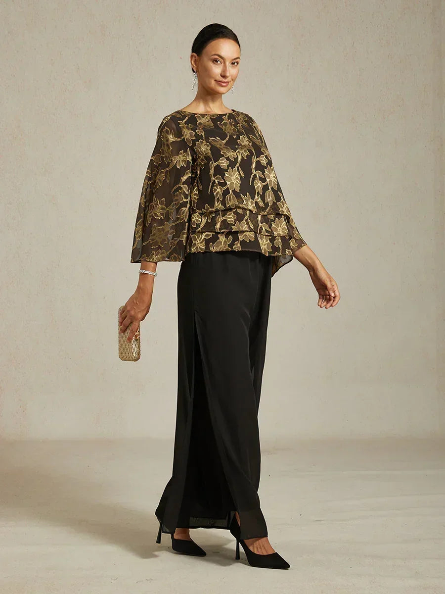 Floral Chiffon Boat Neck Blouse with A-Line Sleeves