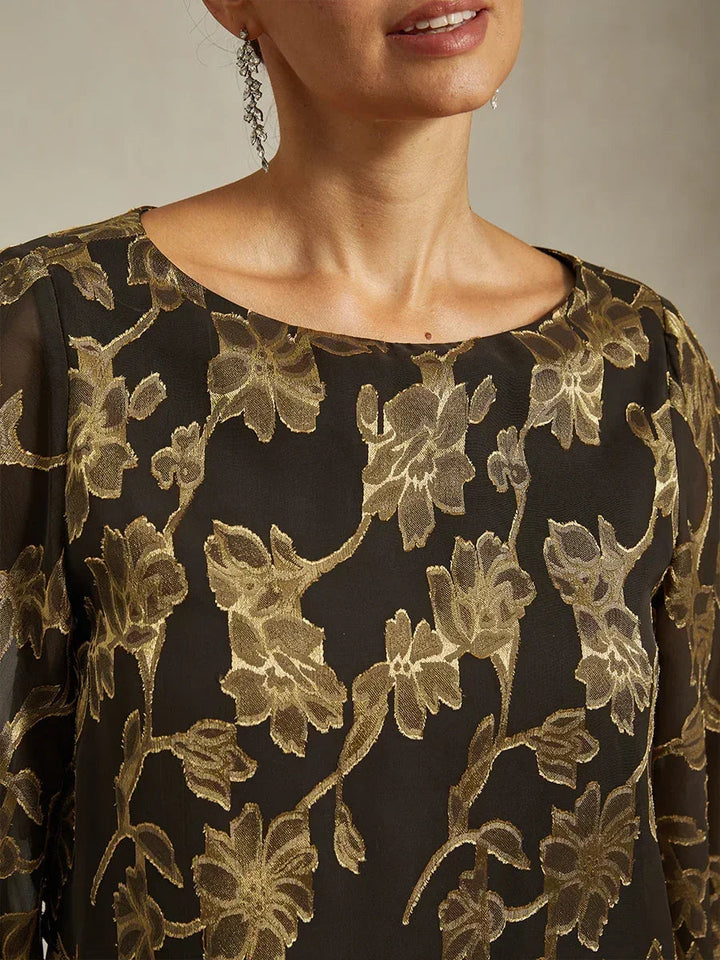 Floral Chiffon Boat Neck Blouse with A-Line Sleeves