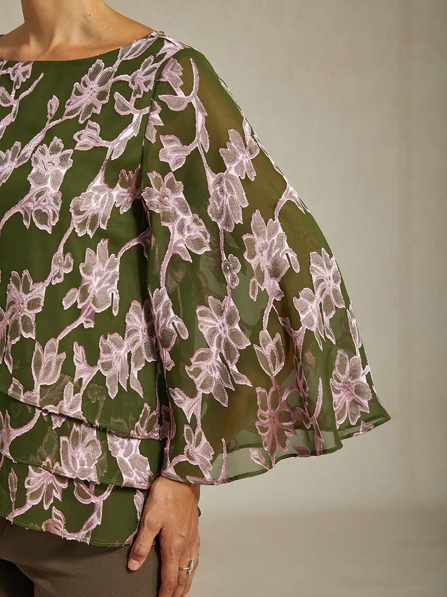 Floral Chiffon Boat Neck Blouse with A-Line Sleeves