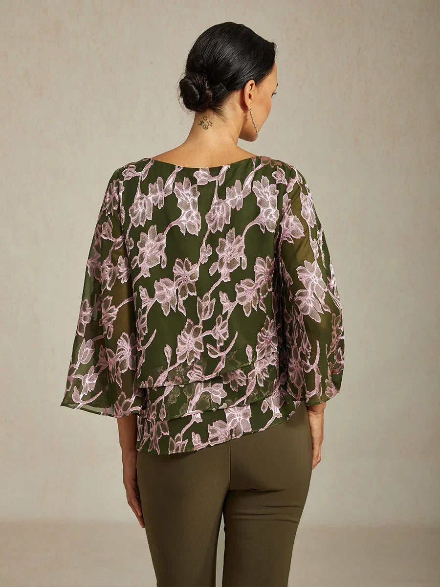 Floral Chiffon Boat Neck Blouse with A-Line Sleeves